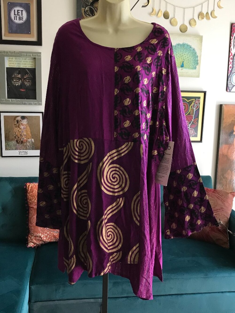 ASHRO size 2X Purple Metallic Gold Spirals Patchwork Asymmetric Artsy Tunic NWT
